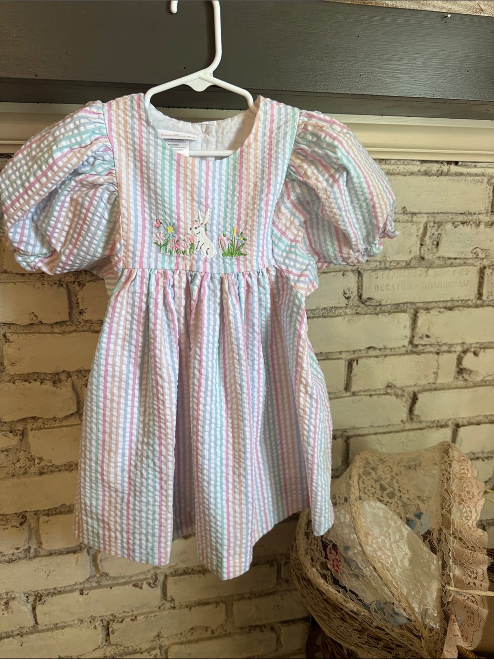 Bonnie Jean Pastel Striped Seersucker Bunny Dress for Girls